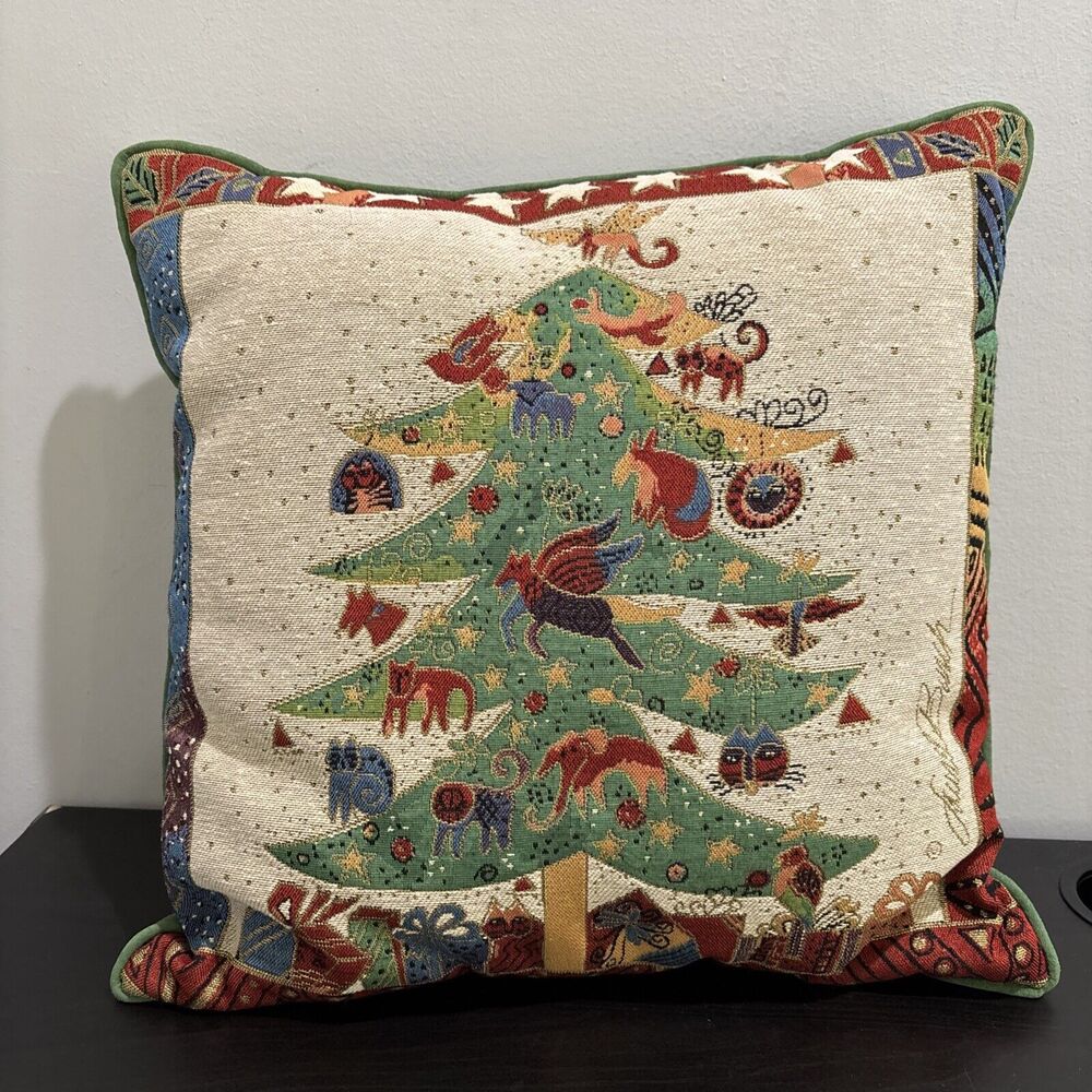 Laurel Burch Cats Animal Christmas Tree Throw Pillow 16" x16" Green Back Holiday